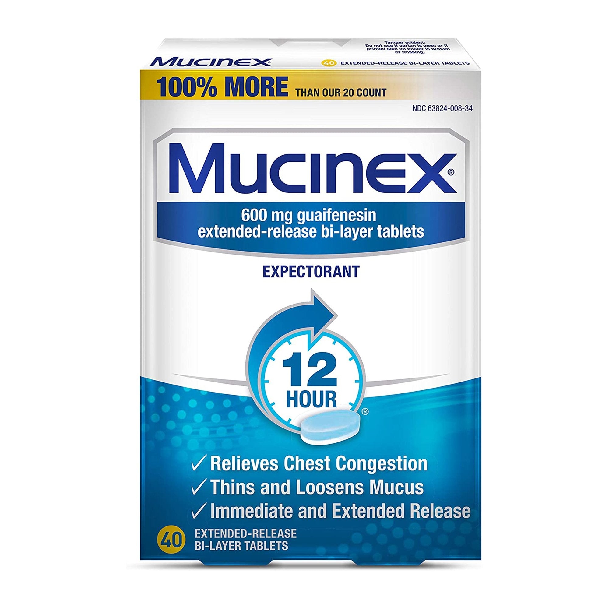 Mucinex Guaifenesin Cold and Cough Relief-Cold and Cough Relief Mucinex 600 mg Strength Tablet 40 per Box