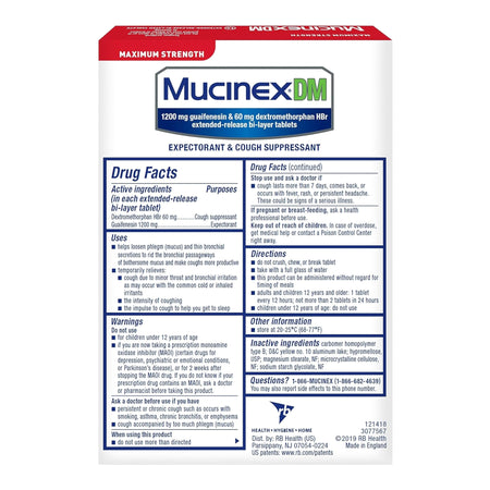 Mucinex DM Cold and Cough Relief-"Cold and Cough Relief Mucinex DM 1,200 mg - 60 mg Strength Tablet 14 per Box"