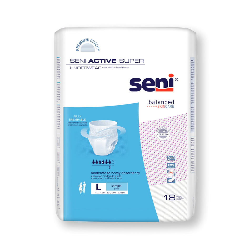 Seni Active Super Moderate to Heavy Absorbent Underwear, Large-Unisex Adult Absorbent Underwear Seni Active Super Pull On with Tear Away Seams Large Disposable Moderate Absorbency