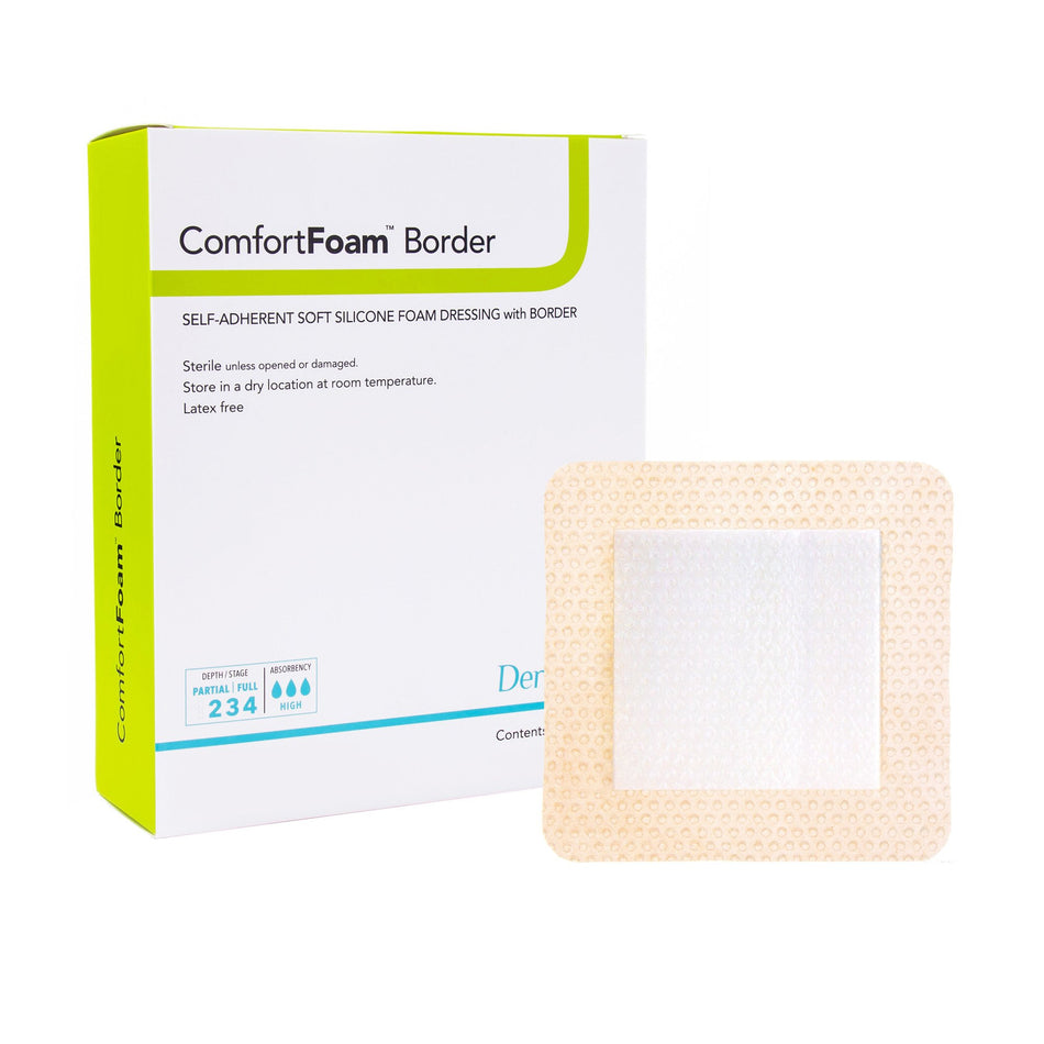 ComfortFoam� Border Silicone Adhesive with Border Silicone Foam Dressing, 5 x 8 Inch-Foam Dressing ComfortFoam� Border 5 X 8 Inch With Border Waterproof Backing Silicone Adhesive Elbow / Heel Sterile
