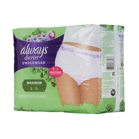 Always Discreet Maximum Absorbent Underwear, Large-Female Adult Absorbent Underwear Always Discreet Pull On with Tear Away Seams Large Disposable Heavy Absorbency