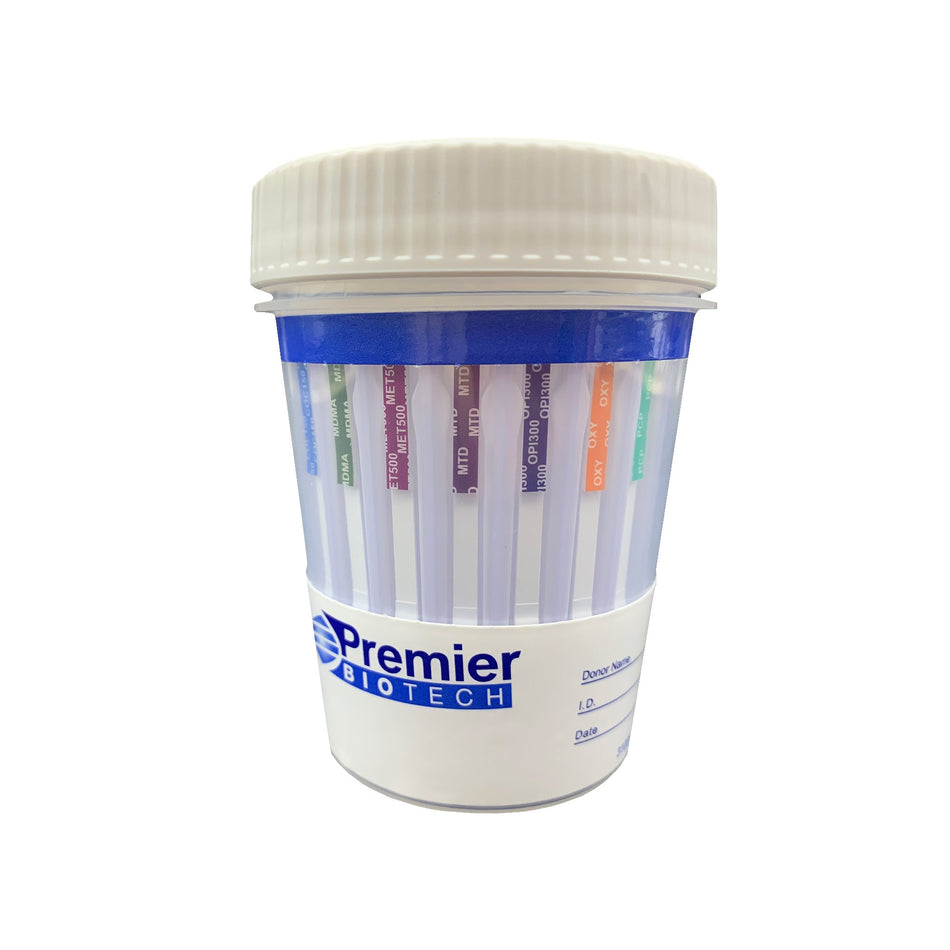 Premier Bio-Cup 12-Drug Panel Drugs of Abuse Test-"Drugs of Abuse Test Kit Premier Bio-Cup AMP500, BAR300, BUP10, BZO300, COC150, MDMA500, mAMP/MET500, MTD300, OPI300, OXY100, PCP25, THC50 5 Tests CLIA Waived"
