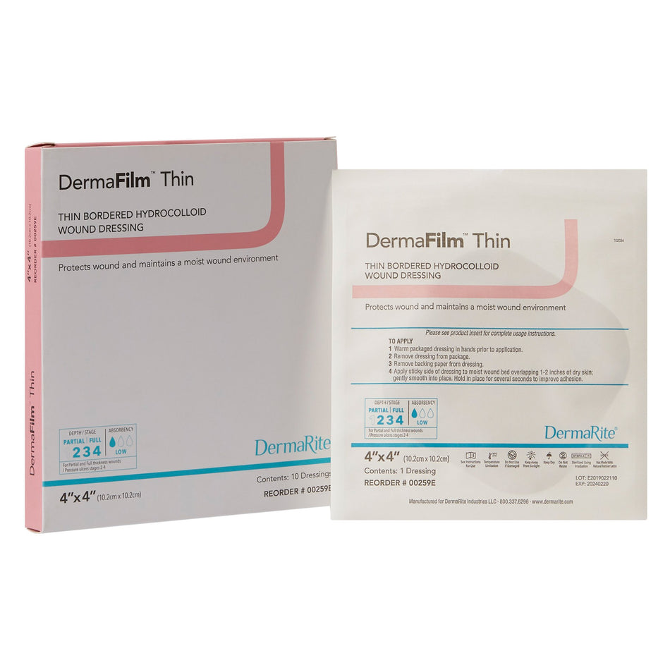 DermaFilm� Hydrocolloid Dressing, 4 x 4 Inch-Thin Hydrocolloid Dressing DermaFilm� Film Backing 4 X 4 Inch Square Hydrocolloid / Film