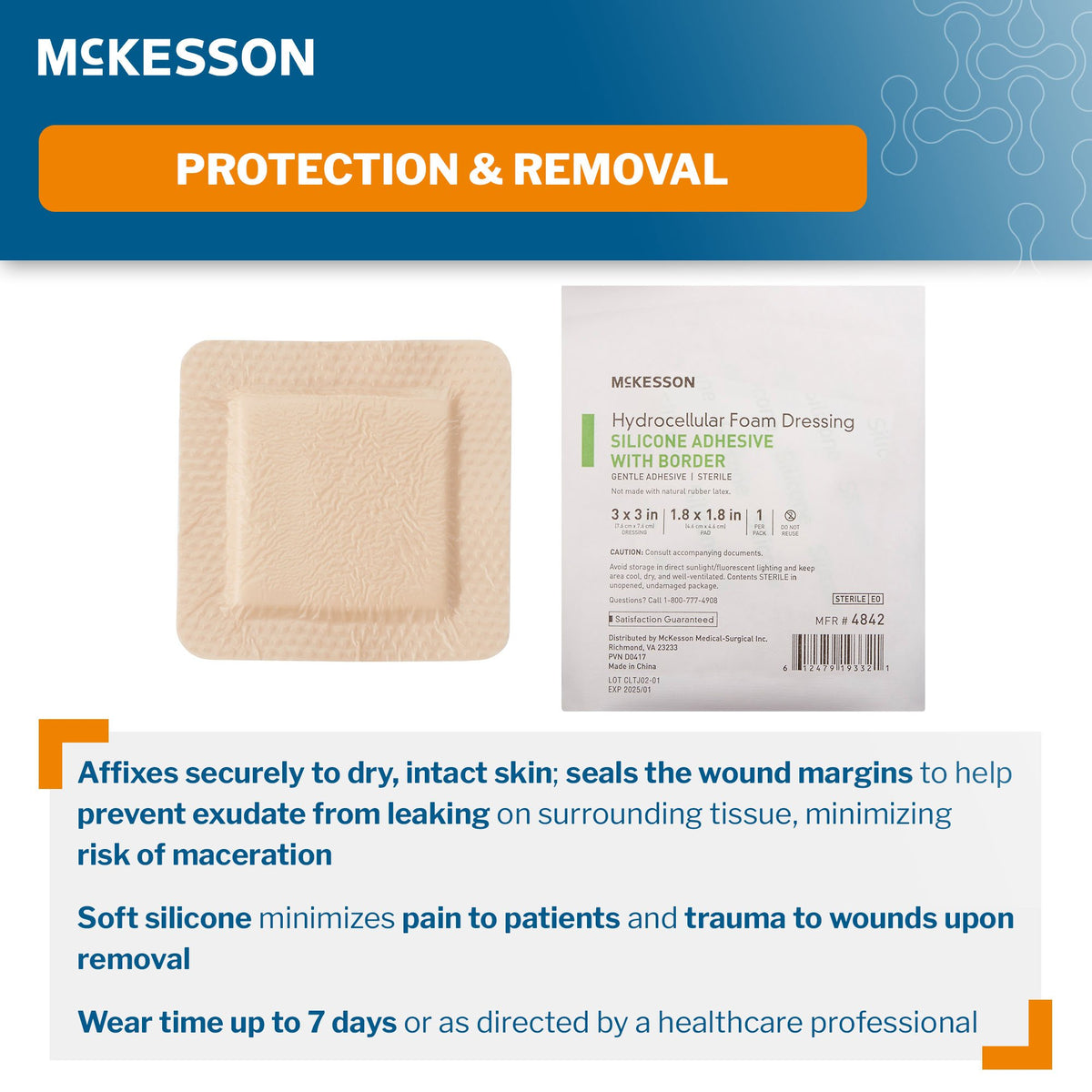 McKesson Silicone Adhesive with Border Silicone Foam Dressing, 3 x 3 Inch-Foam Dressing McKesson 3 X 3 Inch With Border Film Backing Silicone Gel Adhesive Square Sterile