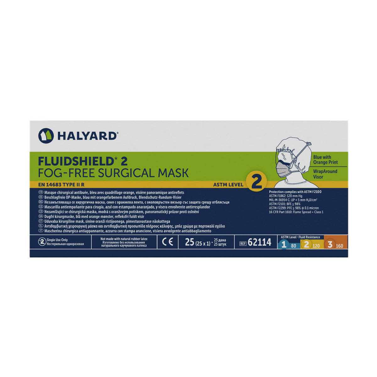 FluidShield Surgical Mask with Eye Shield-Surgical Mask with Eye Shield FluidShield Anti-fog Foam ASTM F2100-11 Level 2 Tie Closure One Size Fits Most
