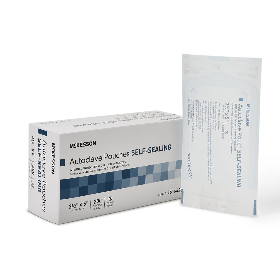 McKesson Sterilization Pouch, 3 x 5 Inch-Sterilization Pouch McKesson Ethylene Oxide (EO) Gas / Steam 3-1/2 X 5 Inch Transparent Blue / White Self Seal Paper / Film