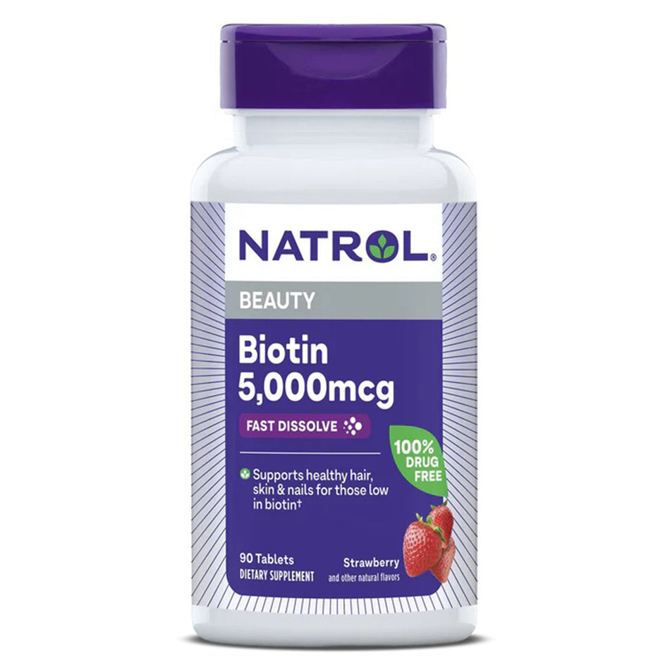 Natrol Biotin 5,000 mcg Fast Dissolve Tablets Extra Strength Strawberry-"Biotin Supplement Natrol Vitamin B7 5,000 mcg Strength Tablet 90 per Bottle Strawberry Flavor"