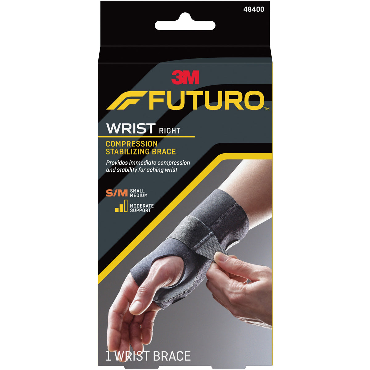 3M Futuro Compression Stabilizing Right Wrist Brace, Small/Medium-Wrist Brace Futuro Compression Stabilizing Low Profile Aluminum / Nylon / Polyester / Polyethylene / Spandex / Silicone Right Hand Black Small / Medium