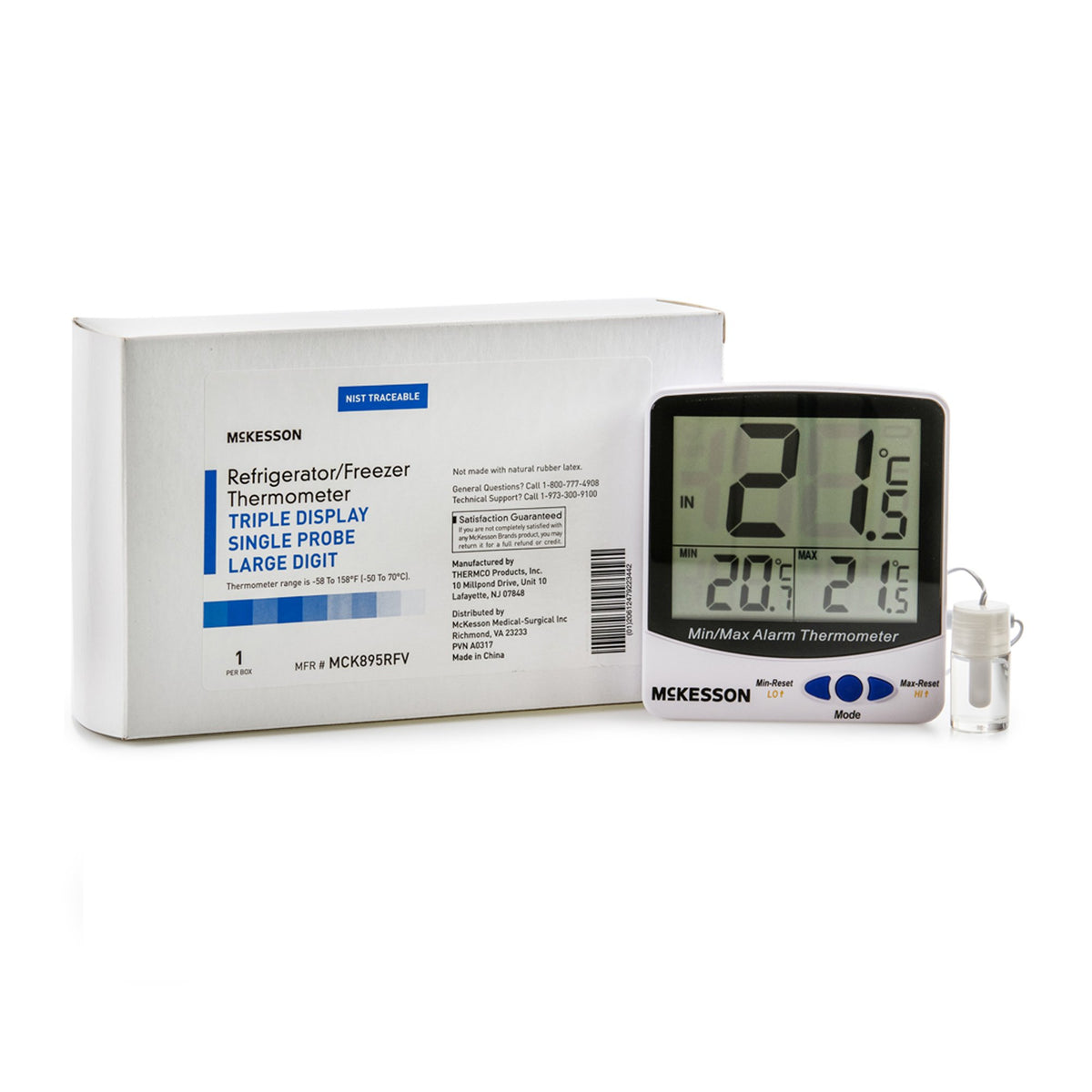 Digital Refrigerator / Freezer Thermometer with Alarm McKesson Fahrenheit / Celsius -58° to +158°F (-50° to +70°C) Glycol Bottle Probe / Internal Sensor Multiple Mounting Options Battery Operated