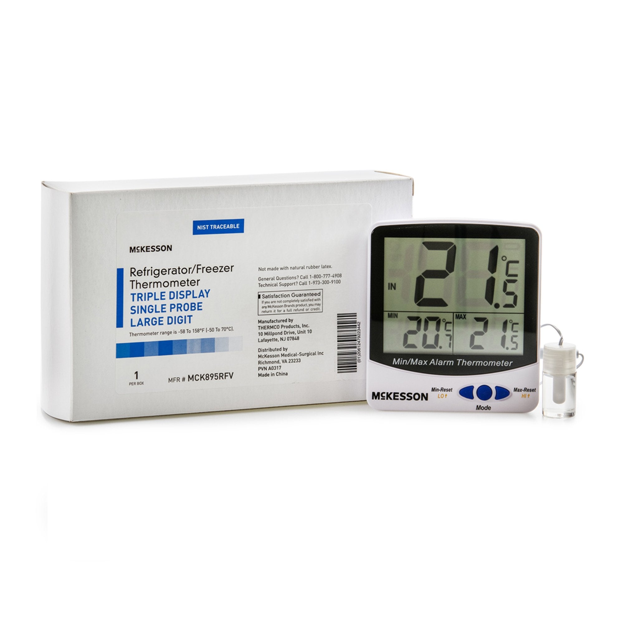 Digital Refrigerator / Freezer Thermometer with Alarm McKesson Fahrenheit / Celsius -58° to +158°F (-50° to +70°C) Glycol Bottle Probe / Internal Sensor Multiple Mounting Options Battery Operated