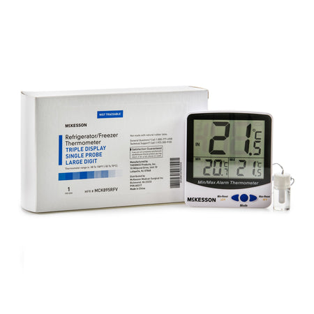 Digital Refrigerator / Freezer Thermometer with Alarm McKesson Fahrenheit / Celsius -58° to +158°F (-50° to +70°C) Glycol Bottle Probe / Internal Sensor Multiple Mounting Options Battery Operated