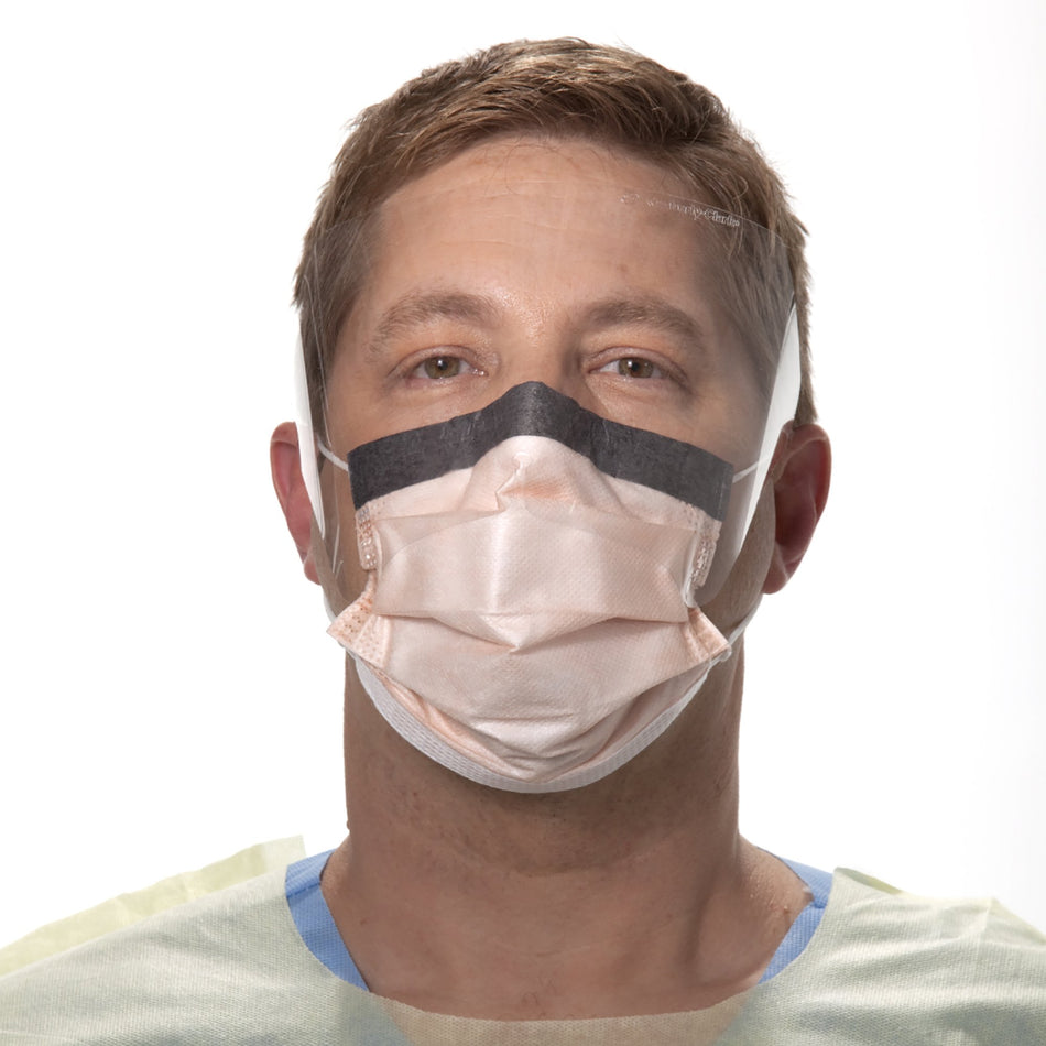 FluidShield Procedure Mask with Eye Shield Anti-fog Orange, NonSterile-Procedure Mask with Eye Shield FluidShield Anti-fog Foam ASTM Level 3 Earloops One Size Fits Most