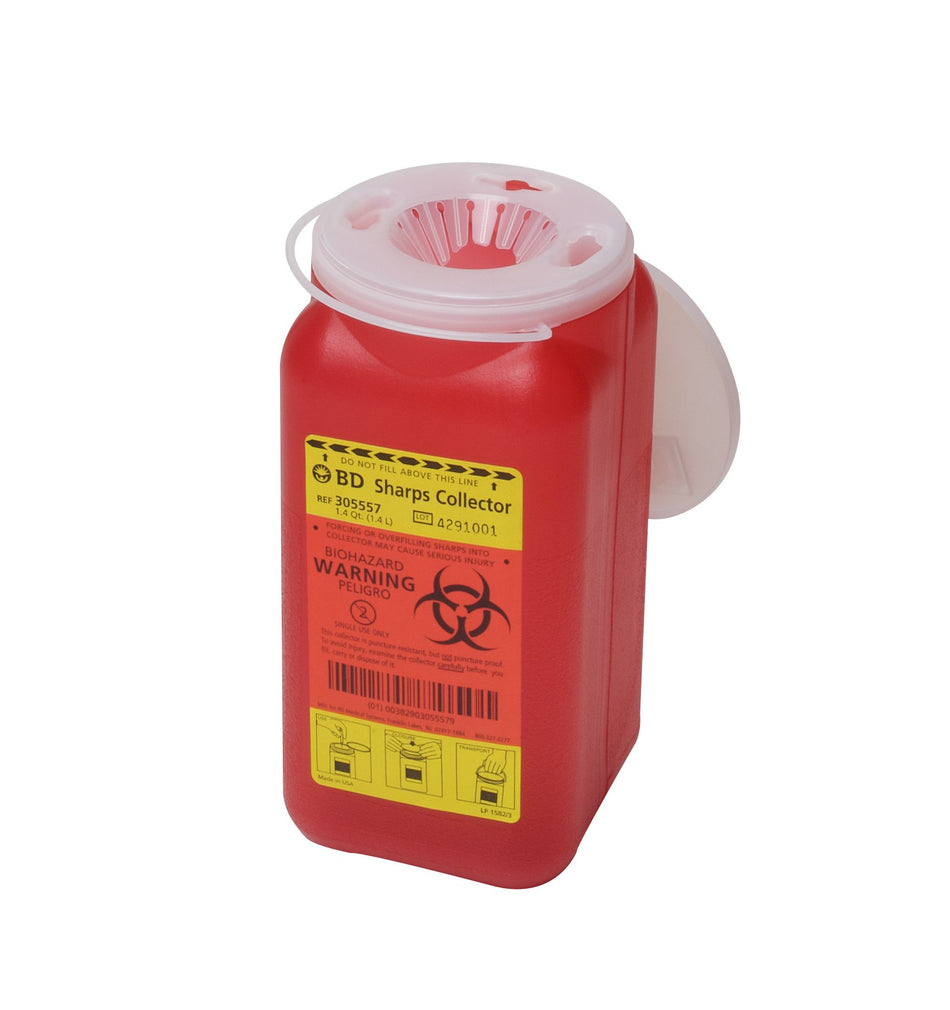 BD� Red Sharps Container, 1.4 Quart, 7� x 3� x 3� Inch-Sharps Container BD� Red Base 7-1/2 H X 3-3/5 W X 3-3/5 D Inch Vertical Entry 0.35 Gallon