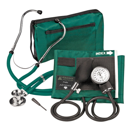 Sterling Series ProKit Aneroid Sphygmomanometer with Stethoscope, Hunter Green-Reusable Aneroid / Stethoscope Set Veridian 27.9 to 41.6 cm Adult Cuff Dual Head General Exam Stethoscope