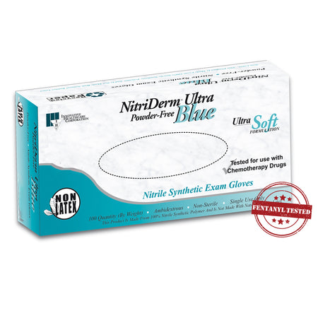 NitriDerm Ultra Blue Nitrile Exam Glove, Medium, Light Blue-Exam Glove NitriDerm Ultra Blue Medium NonSterile Nitrile Standard Cuff Length Fully Textured Light Blue Chemo Tested / Fentanyl Tested
