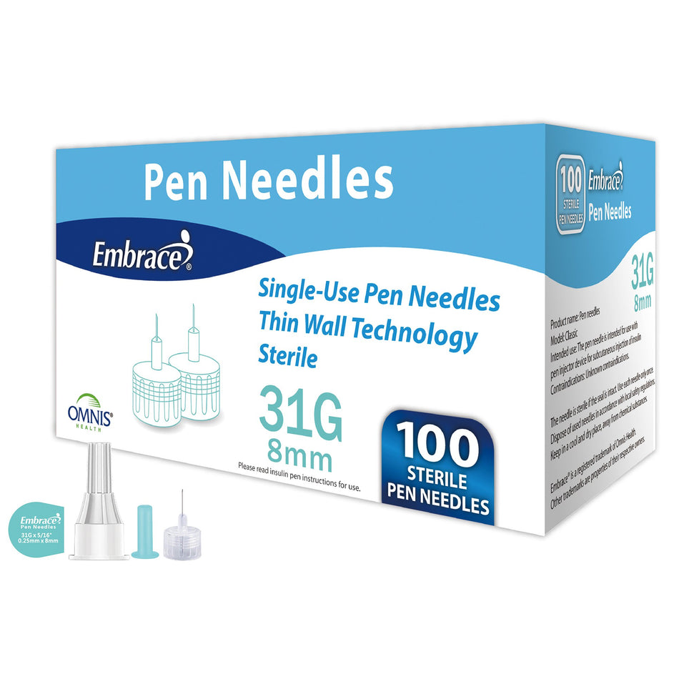 Safety Insulin Pen Needle Embrace® 31 Gauge 8 mm Length Manual Safety - Needles and Syringes>Pen Needles - Omnis Health