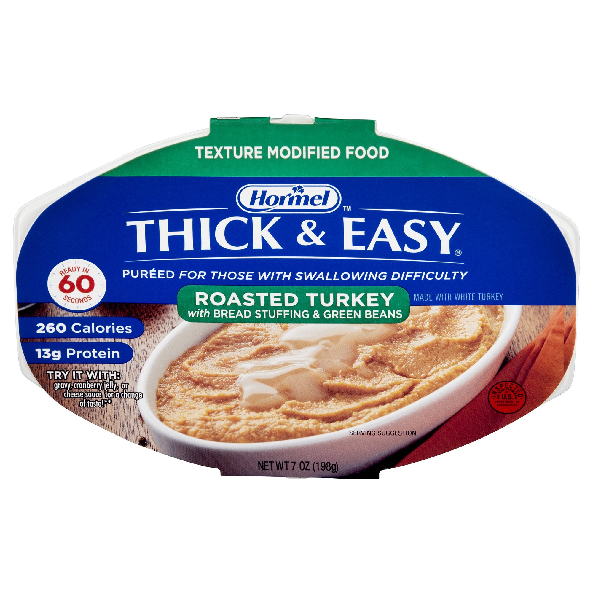 Thick & Easy Pures Turkey with Stuffing and Green Beans Pure Thickened Food, 7-ounce Tray-Thickened Food Thick & Easy Purees 7 oz. Tray Turkey with Stuffing / Green Beans Flavor Puree IDDSI Level 2 Mildly Thick