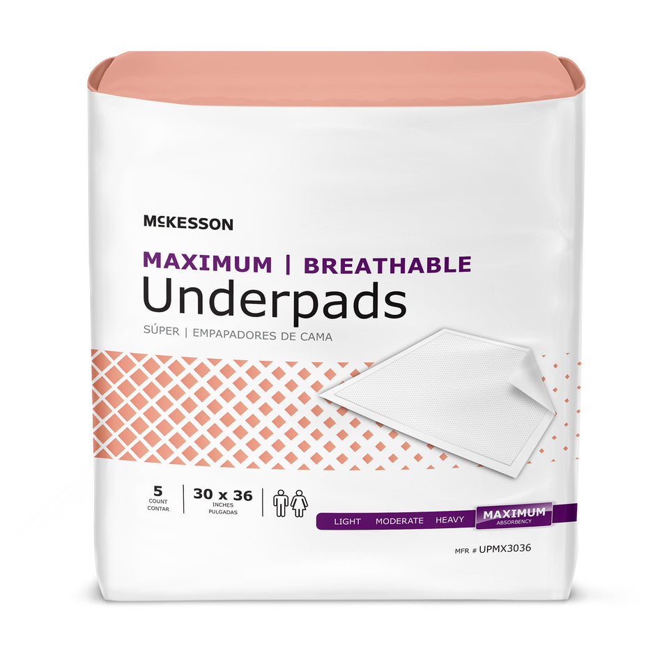 McKesson Ultimate Breathable Underpads, Maximum Protection, Heavy Absorbency, 30 x 36 Inch, White-Disposable Underpad McKesson Ultimate Breathable 30 X 36 Inch Fluff / Polymer Heavy Absorbency