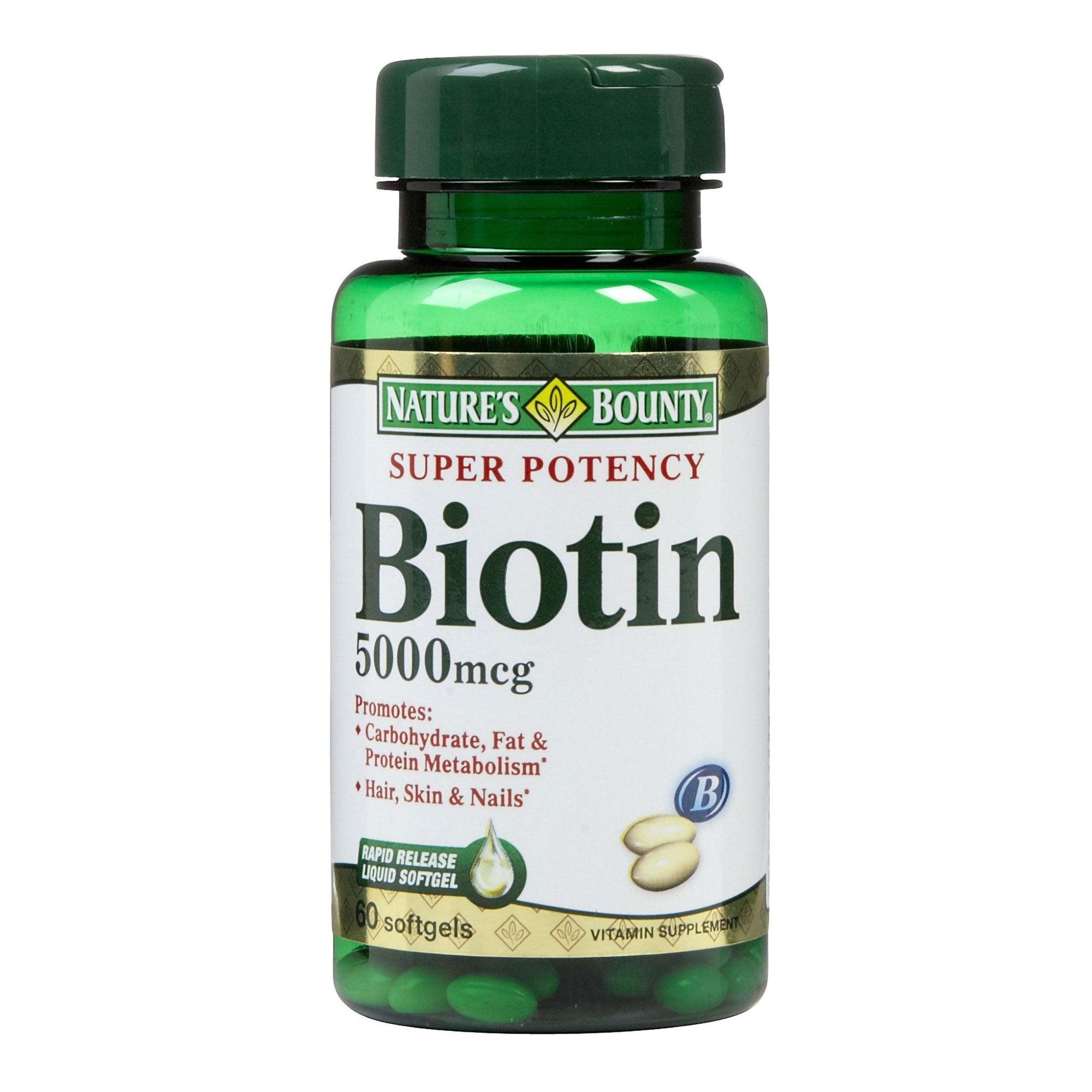 Nature's Bounty Vitamin B-7 Biotin Supplement-"Biotin Supplement Nature's Bounty Vitamin B7 5,000 mcg Strength Softgel 72 per Bottle"