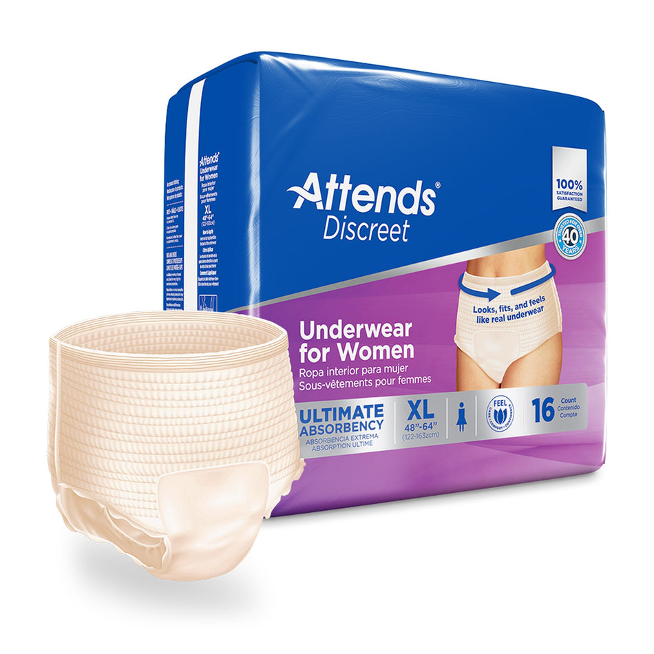 Attends Discreet Women's Underwear, Level 5, X-Large-Female Adult Absorbent Underwear Attends Discreet Pull On with Tear Away Seams X-Large Disposable Heavy Absorbency