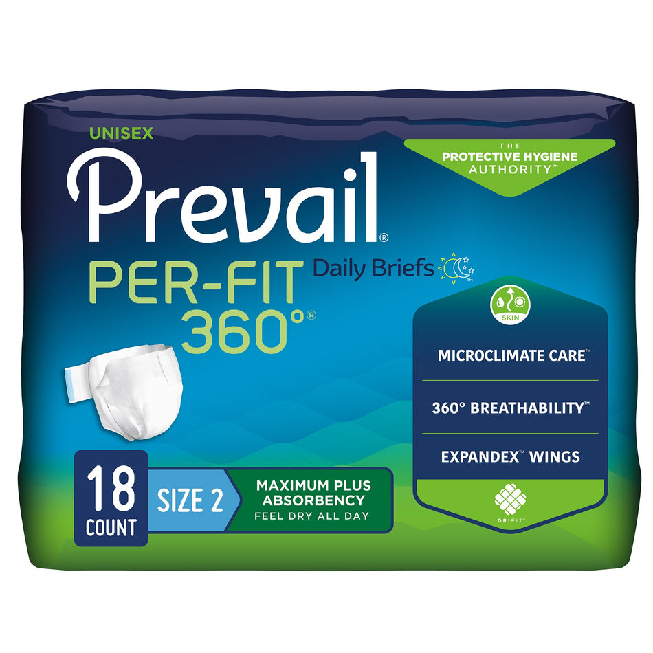 Prevail Per-Fit 360 Daily Briefs, Maximum Plus, Large-Unisex Adult Incontinence Brief Prevail Per-Fit 360 Size 2 / Large Disposable Heavy Absorbency