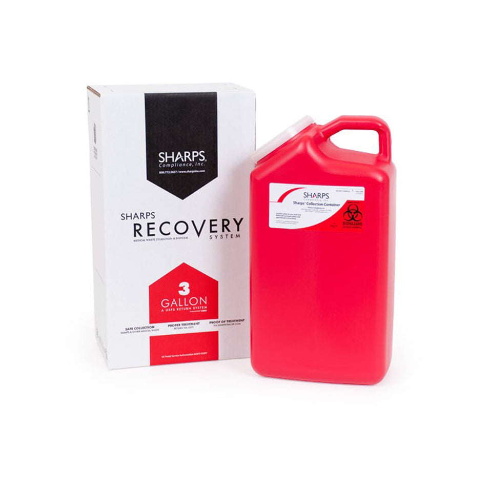 Sharps Recovery System Mailback Sharps Container, 3 Gallon, 17 x 6 x 9 Inch-Mailback Sharps Container Sharps Recovery System Red Base 17 H X 6 W X 9 L Inch Vertical Entry 3 Gallon