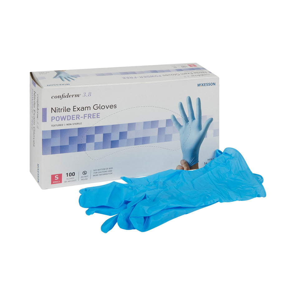 McKesson Confiderm 3.8 Nitrile Exam Glove, Small, Blue-Exam Glove McKesson Confiderm 3.8 Small NonSterile Nitrile Standard Cuff Length Textured Fingertips Blue Not Rated