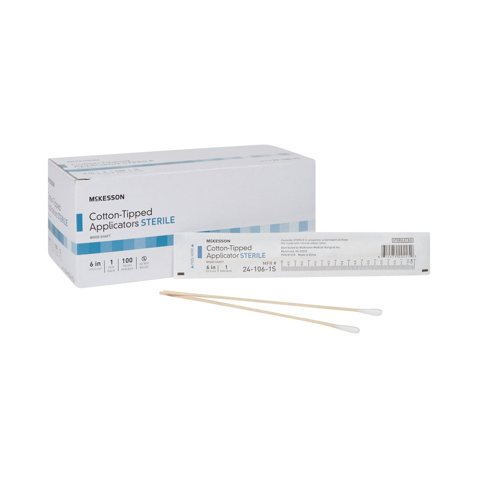 McKesson Sterile Swabsticks, Cotton Tip, 6 Inch Wood Shaft-Swabstick McKesson Cotton Tip Wood Shaft 6 Inch Sterile 1 per Pack