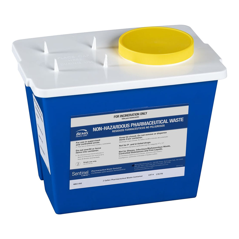 Bemis Sentinel Pharmaceutical Waste Container, 2 Gallon, 7.75 x 9 x 11.63 Inch-Pharmaceutical Waste Container Bemis Sentinel Blue Base 9 H X 11-5/8 L X 7-3/4 W Inch Vertical Entry 2 Gallon