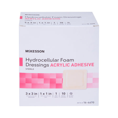 McKesson Adhesive Foam Dressing with Border, 3 x 3 Inch-Foam Dressing McKesson 3 X 3 Inch With Border Film Backing Acrylic Adhesive Square Sterile