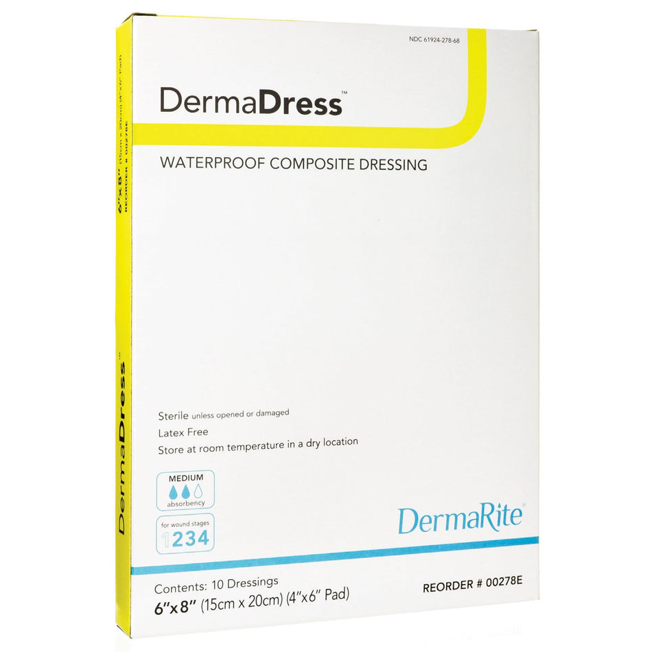 DermaDress� Composite Dressing, 6 x 8 inch-Composite Dressing DermaDress� 6 X 8 Inch Rectangle Sterile Waterproof Film Backing
