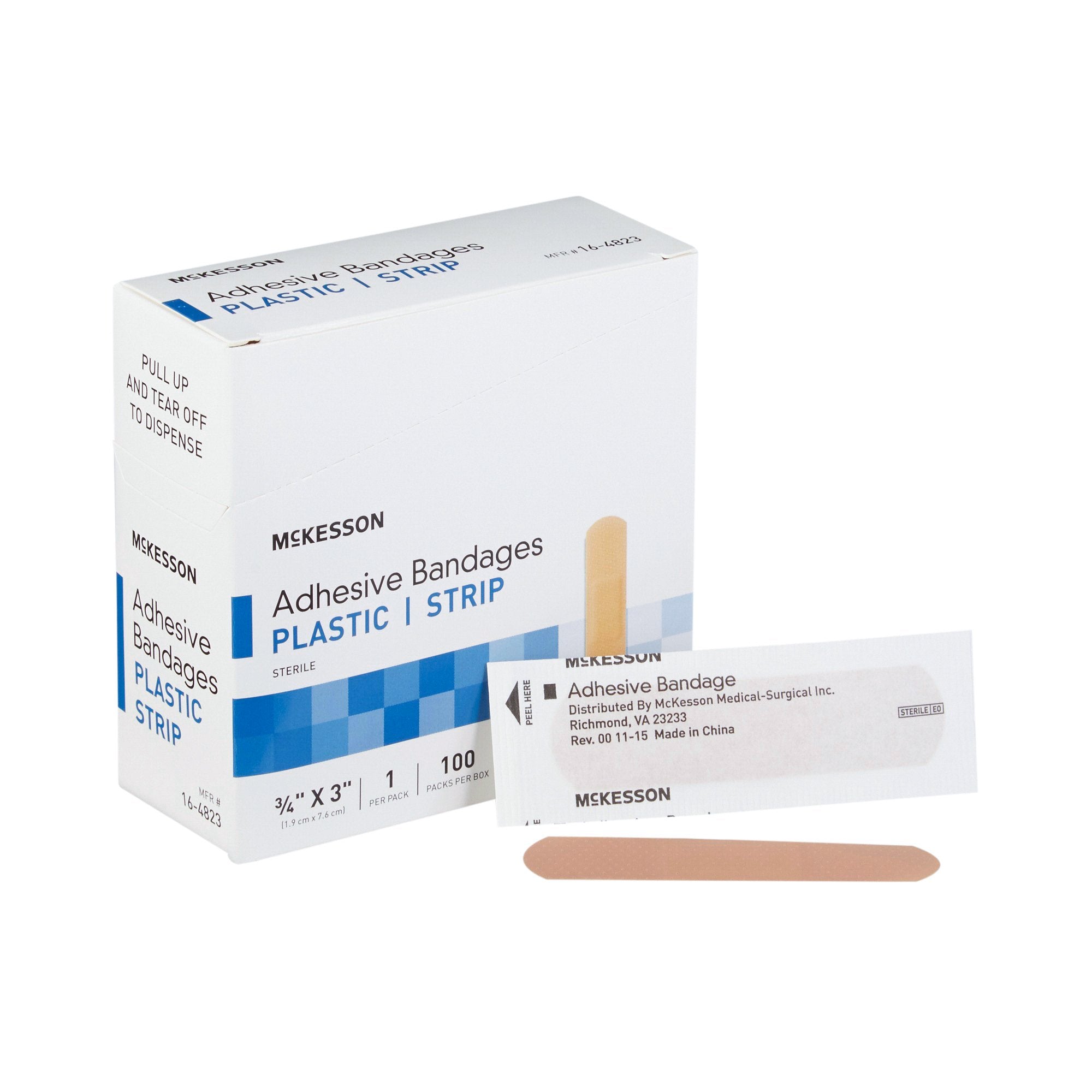 McKesson Adhesive Strip, 3/4 x 3 Inch-Adhesive Strip McKesson 3/4 X 3 Inch Plastic Rectangle Tan Sterile