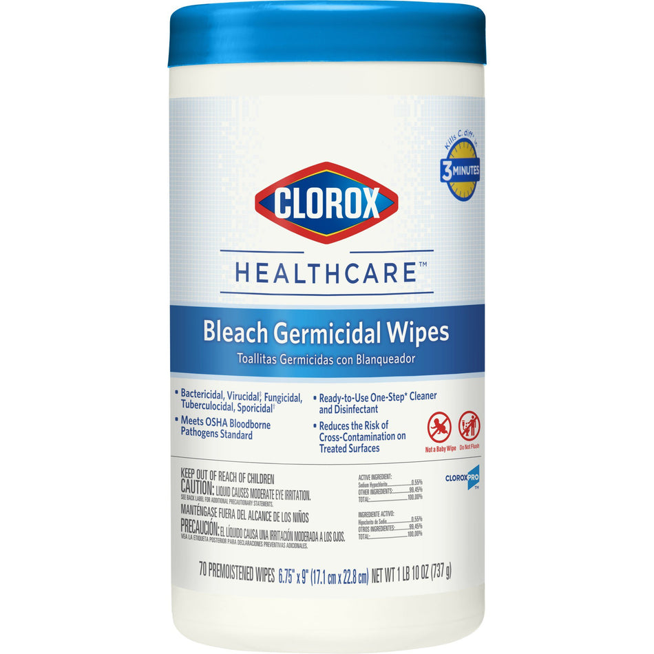Clorox Healthcare Bleach Germicidal Wipes, Canister, 70 ct.-Clorox Healthcare Surface Disinfectant Cleaner Premoistened Bleach Germicidal Manual Pull Wipe 70 Count Canister Chlorine Scent NonSterile