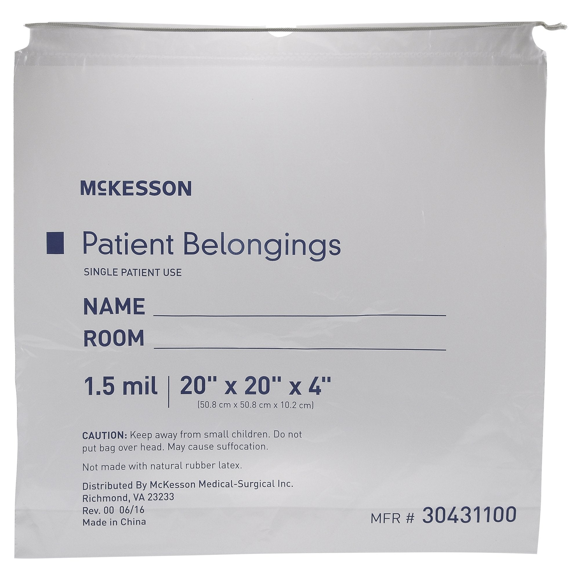McKesson Patient Belongings Bag, Clear-Patient Belongings Bag McKesson 4 X 20 X 20 Inch Polyethylene Drawstring Closure Clear