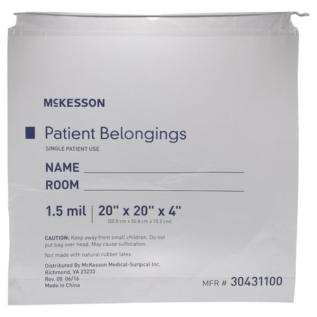 McKesson Patient Belongings Bag, Clear-Patient Belongings Bag McKesson 4 X 20 X 20 Inch Polyethylene Drawstring Closure Clear