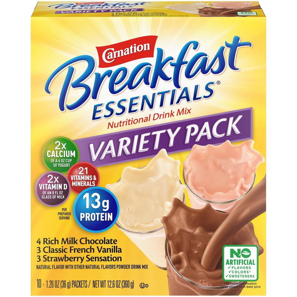 Carnation Breakfast Essentials Chocolate / Vanilla / Strawberry Nutritional Drink-Oral Supplement Carnation Breakfast Essentials Rich Milk Chocolate / Classic French Vanilla / Strawberry Sensation Flavor Powder 1.26 oz. Individual Packet