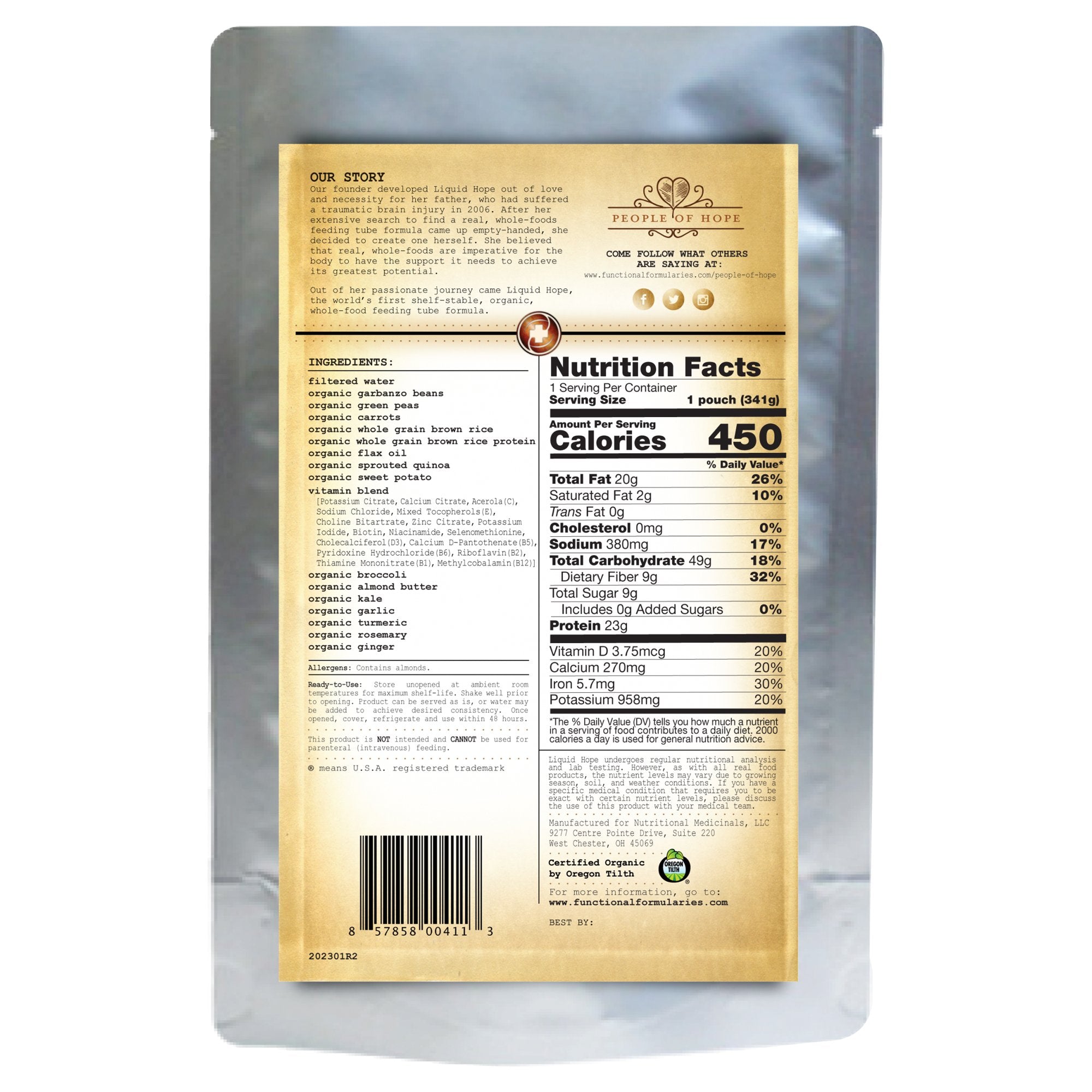 Liquid Hope Complete Plant Based Nutrition, 12-ounce pouch-Oral Supplement Liquid Hope Unflavored Liquid 12 oz. Pouch