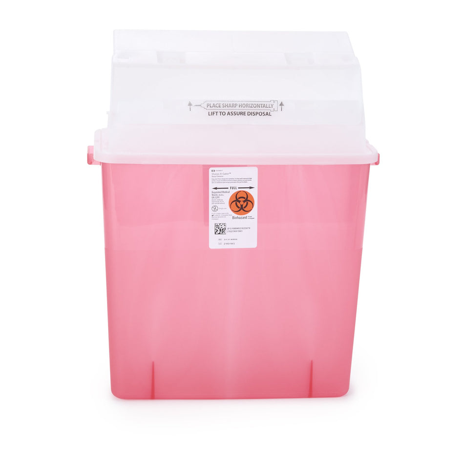 Sharps-A-Gator Multi-purpose Sharps Container, 3 Gallon, 20 x 14 x 6 Inch-Sharps Container GatorGuard In-Room Translucent Red Base 20-1/2 H X 14 W X 6 D Inch Horizontal Entry 3 Gallon