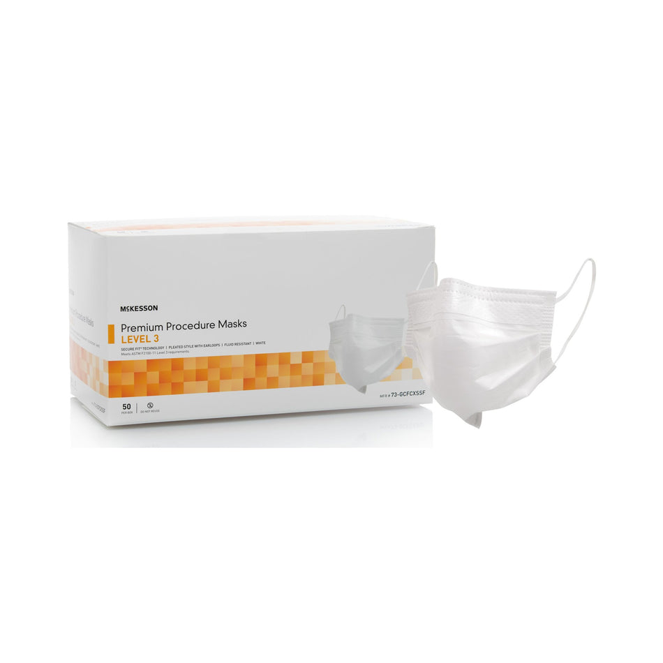 McKesson Procedure Mask, Pleated with Earloops, One Size Fits Most, White, Non-Sterile-Procedure Mask McKesson ASTM Level 3 Earloops One Size Fits Most