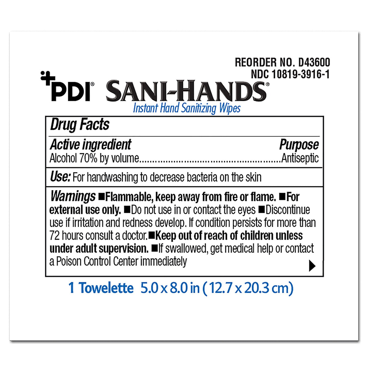 Sani-Hands® Hand Sanitizing Wipes, Ethyl Alcohol, Unscented, 5 x 8 Inch - Personal Hygiene>Skin Care>Hand Sanitizers - Pro...