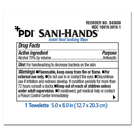 Sani-Hands® Hand Sanitizing Wipes, Ethyl Alcohol, Unscented, 5 x 8 Inch - Personal Hygiene>Skin Care>Hand Sanitizers - Pro...