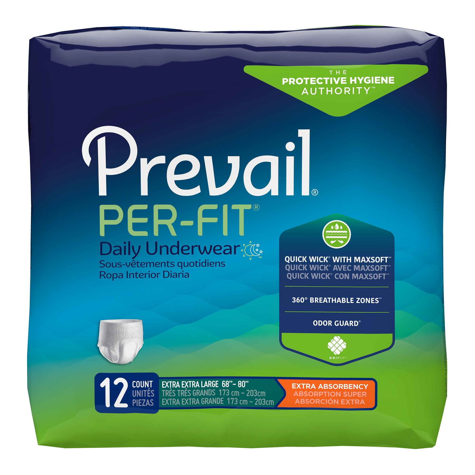 Prevail Per-Fit Extra Absorbent Underwear, 2X-Large-Unisex Adult Absorbent Underwear Prevail Per-Fit Extra Pull On with Tear Away Seams 2X-Large Disposable Heavy Absorbency