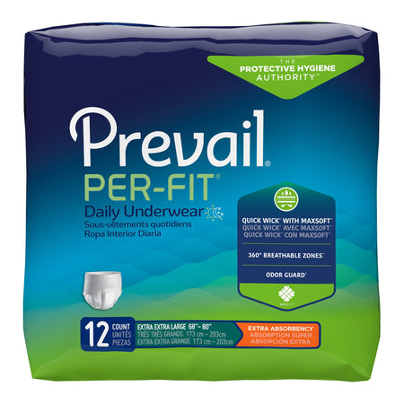 Prevail Per-Fit Extra Absorbent Underwear, 2X-Large-Unisex Adult Absorbent Underwear Prevail Per-Fit Extra Pull On with Tear Away Seams 2X-Large Disposable Heavy Absorbency