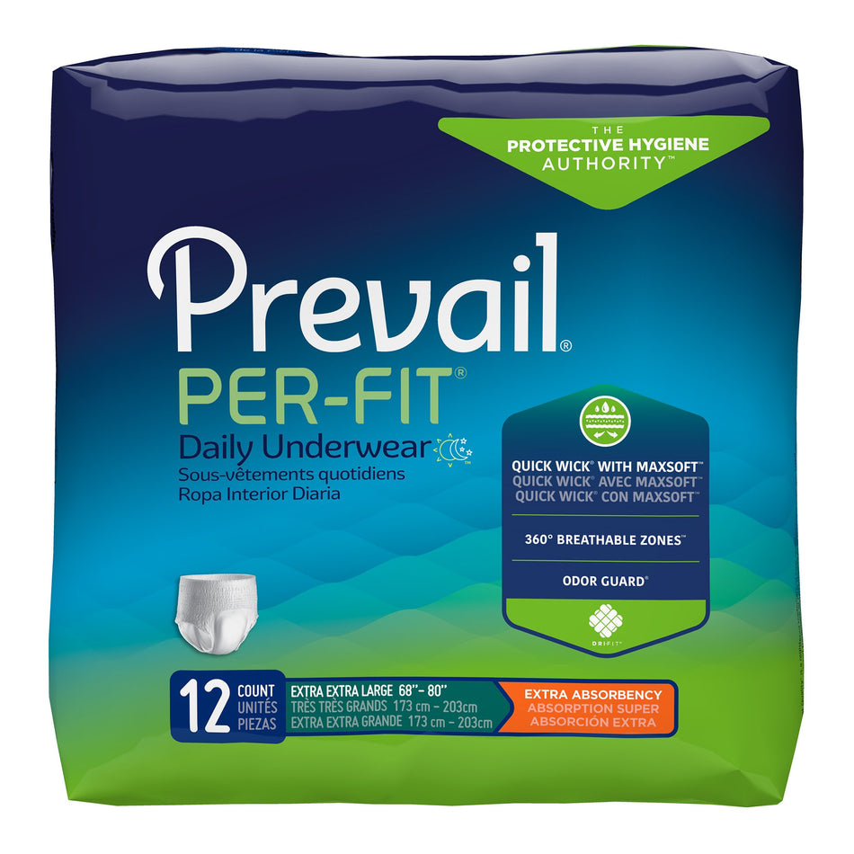 Prevail Per-Fit Extra Absorbent Underwear, 2X-Large-Unisex Adult Absorbent Underwear Prevail Per-Fit Extra Pull On with Tear Away Seams 2X-Large Disposable Heavy Absorbency