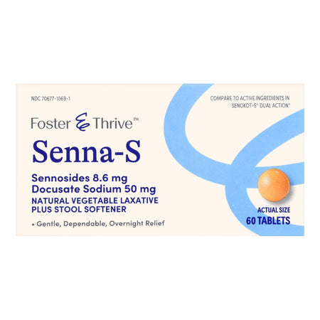 Foster & Thrive Senna-S Sennosides 8.6 mg Docusate Sodium 50 mg Tablets-Stool Softener Foster & Thrive Tablet 60 per Bottle 50 mg - 8.6 mg Strength Docusate Sodium / Calcium Sennosides