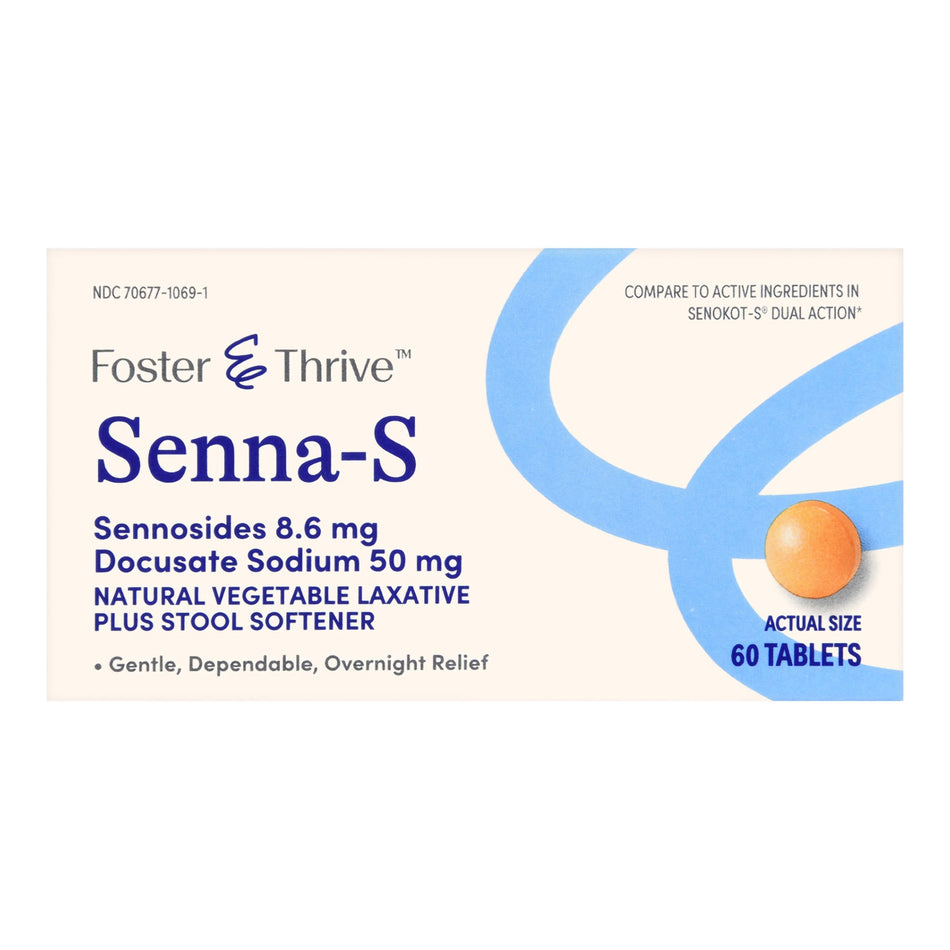 Foster & Thrive Senna-S Sennosides 8.6 mg Docusate Sodium 50 mg Tablets-Stool Softener Foster & Thrive Tablet 60 per Bottle 50 mg - 8.6 mg Strength Docusate Sodium / Calcium Sennosides