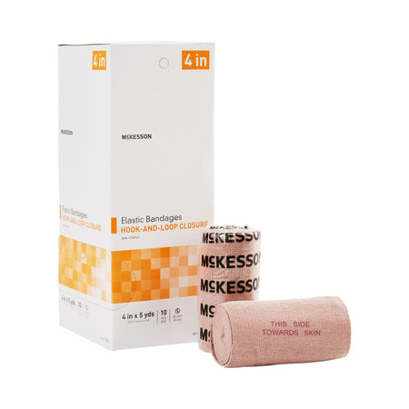 McKesson Hook and Loop Closure Elastic Bandage, 4 Inch x 5 Yard-Elastic Bandage McKesson 4 Inch X 5 Yard Single Hook and Loop Closure Tan NonSterile Standard Compression