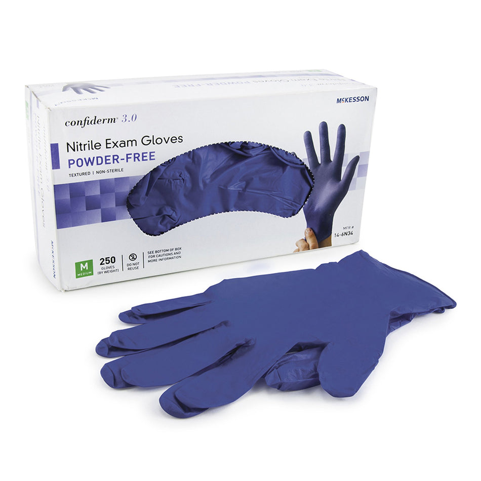 McKesson Confiderm 4.5C Nitrile Exam Glove, Medium, Blue-Exam Glove McKesson Confiderm 3.0 Medium NonSterile Nitrile Standard Cuff Length Textured Fingertips Blue Not Rated