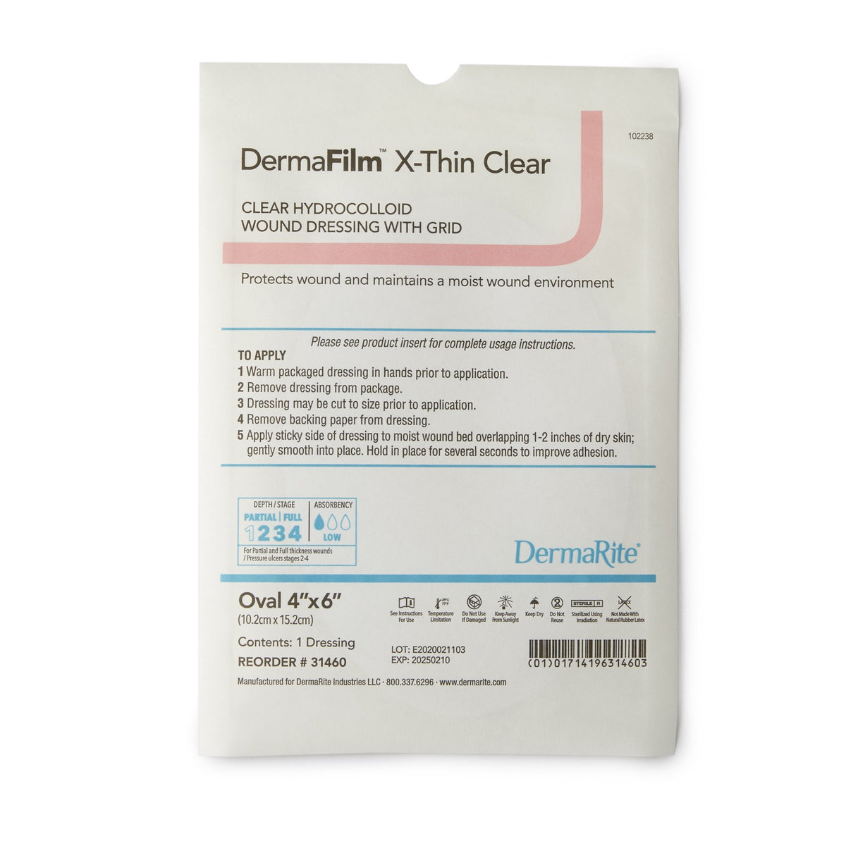 DermaFilm Thin Hydrocolloid Dressing, 4 x 6 Inch Oval-Thin Hydrocolloid Dressing DermaFilm Film Backing 4 X 6 Inch Oval Hydrocolloid / Film