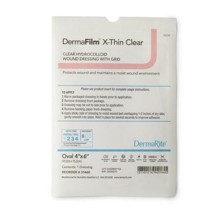 DermaFilm Thin Hydrocolloid Dressing, 4 x 6 Inch Oval-Thin Hydrocolloid Dressing DermaFilm Film Backing 4 X 6 Inch Oval Hydrocolloid / Film